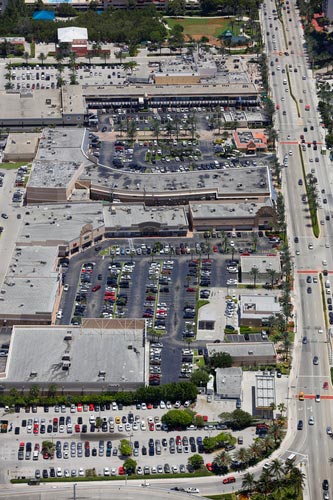 An aerial view of a densly populated commercial area.