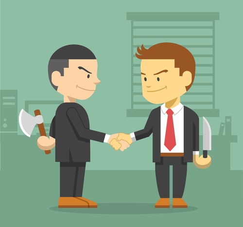 A cartoon shows two businessmen shaking hands with knives behind their back. This illustrates How to Navigate Office Politics