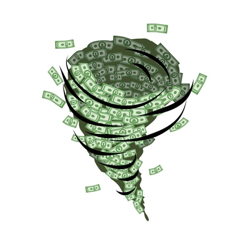 A graphic of a tornado of dollars denotes a need to pivot to a business plan that works