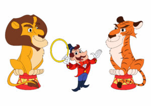 A drawing of a lion tamer in between a lion and a tiger that represents effective business meeting facilitation
