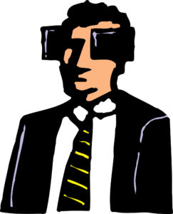 A drawing of a businessman wearing blinders.
