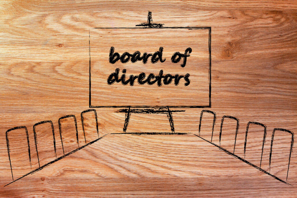 A graphic of a wooden sign that says board of directors