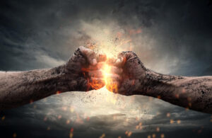 Two fists collide and create sparks depicting conflict management struggles.