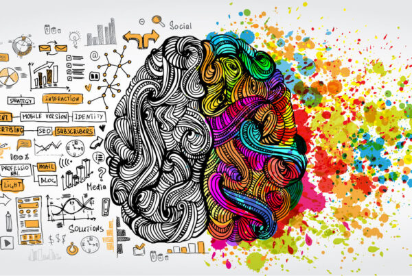 A graphic design showing details of the human brain and the location of creativity