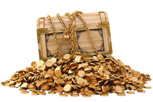 A photo of a treasure chest of gold depicting a rich employee compensation strategy