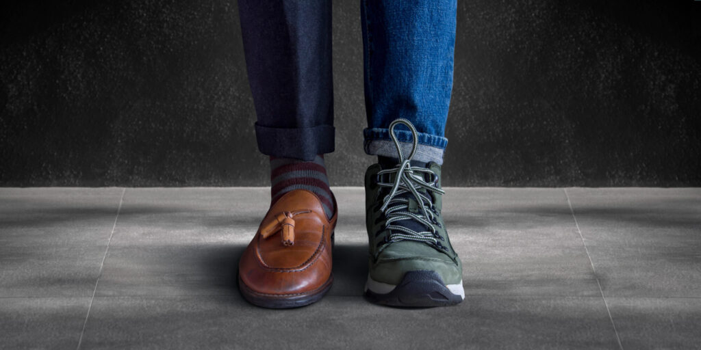 This is a photo of a man's lower legs. One leg is clad in jeans and a hiking boot, and the other is dressed for business.