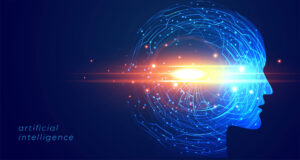 A graphic that shows a cross section of a human brain with a digital flash streaking through it.