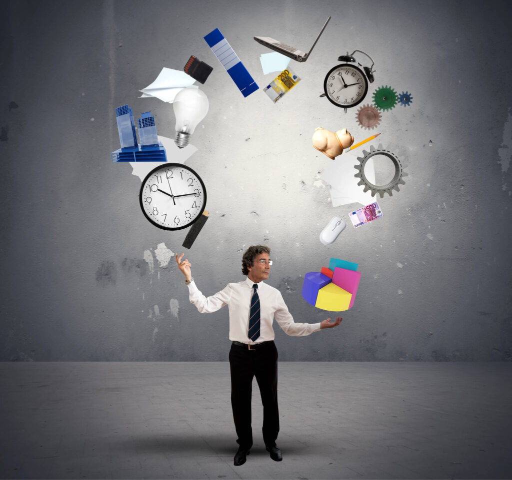 A business owner juggles many duties by using a small business management tool.