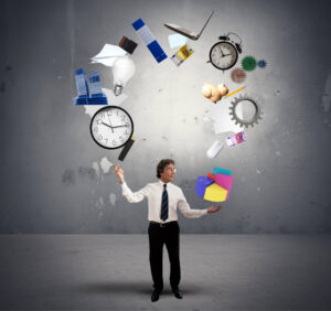 A business owner juggles many duties by using a small business management tool.
