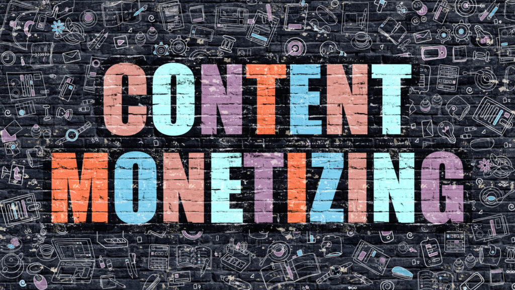 A colorful mosaic spells out the words content monetizing