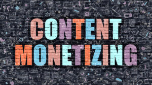 A colorful mosaic spells out the words content monetizing