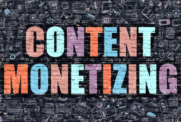 A colorful mosaic spells out the words content monetizing