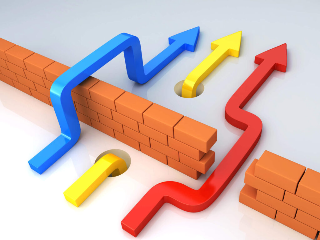 A graphic shows three arrows seeking different ways to go around, under, and over a barrier