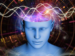 A computer-generated drawing of a human brain showing brain waves