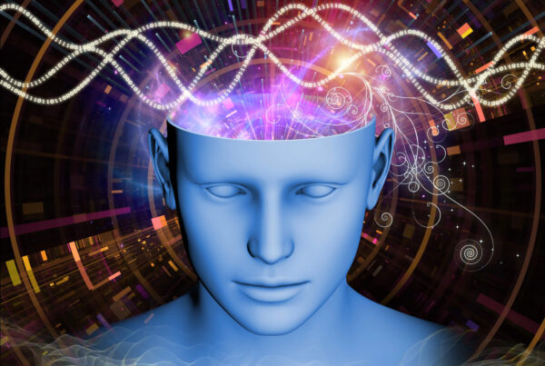 A computer-generated drawing of a human brain showing brain waves