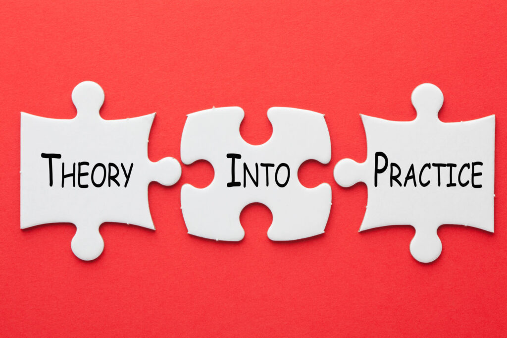 Three puzzle pieces that read, theory, into, practice
