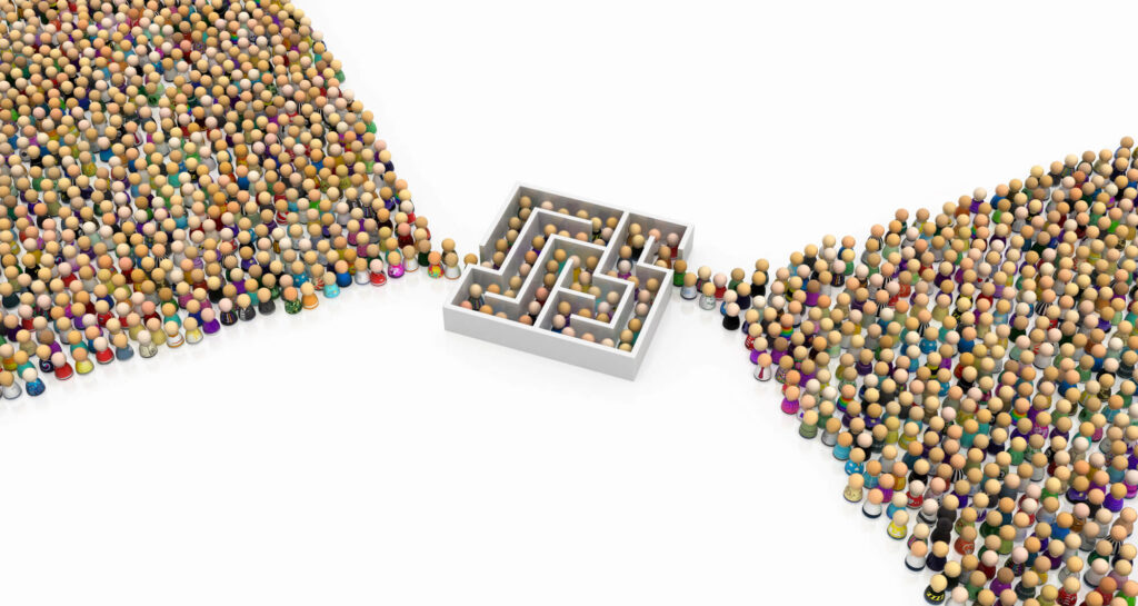 A labyrinth of marbles indicating a bottleneck