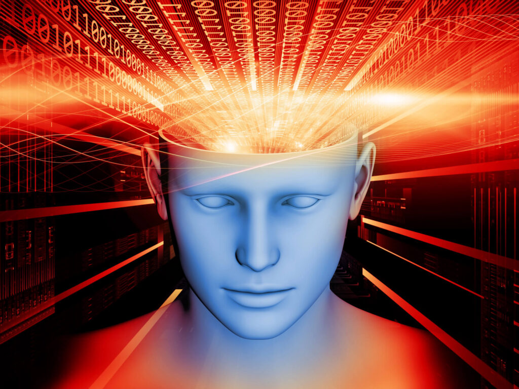 A graphic that shows the open skull of a mannequin with light beams shining out