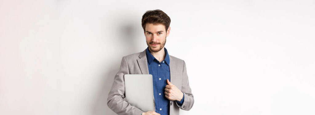 A photo of a professional looking salesperson that appears to be introverted